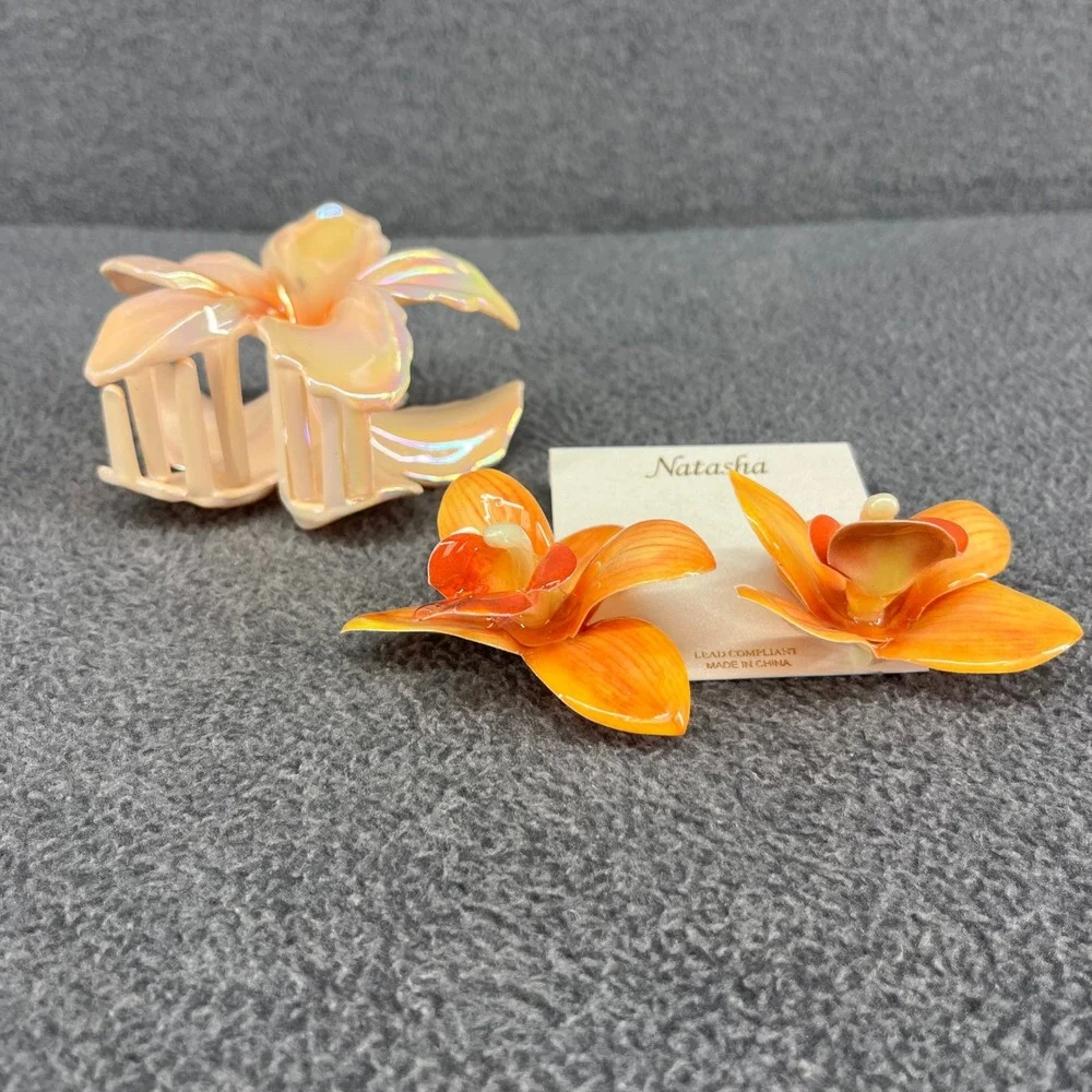 Natasha Flower Earring & Hair Clip Set Orange Orchid Tropical Hibiscus Bora
